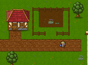A half-timbered house beside a fenced garden plot, with a small knight on the cobbled road.