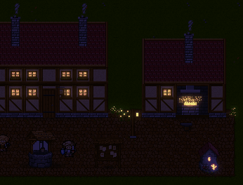 The same square at night, with lit windows and the forge glowing.